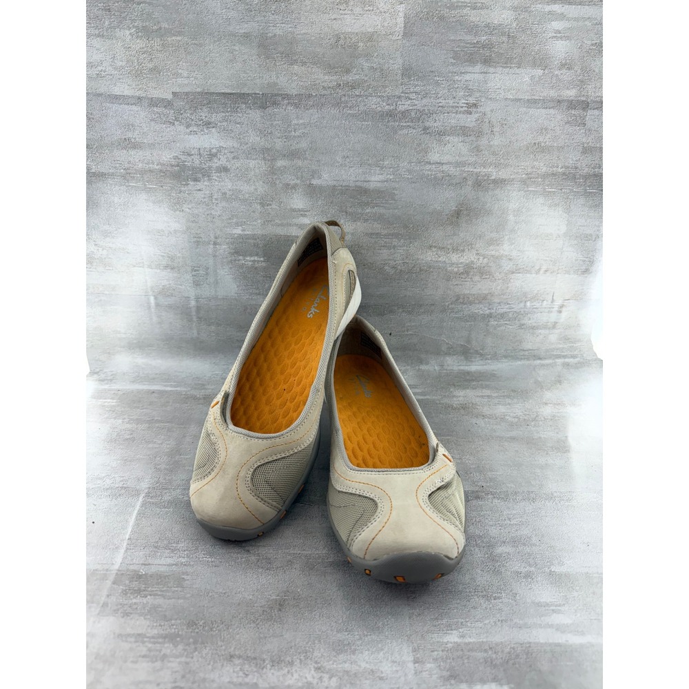 Clarks Privo Women Sz 9.5 M Tan Beige Leather Mesh Sporty Slip On Flats 64699
